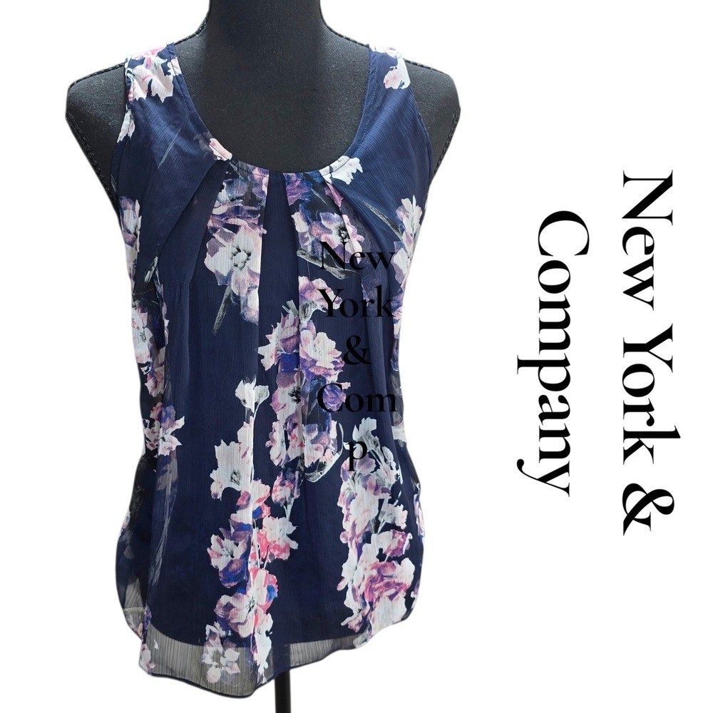 New York & Company Tank Top Womens XS Navy Blue Rayon Floral Pleated Mixed Media